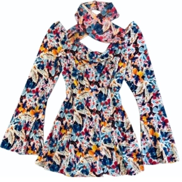 For Love & Lemons Blake Floral Cutout Mini Dress Multi M Long Sleeve Statement - Picture 1 of 16